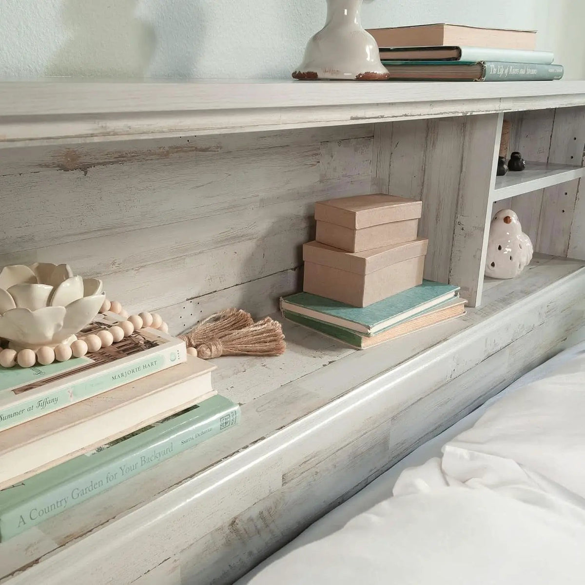 Versatile White Plank Headboard with Adjustable Storage Shelves from PriceLows™