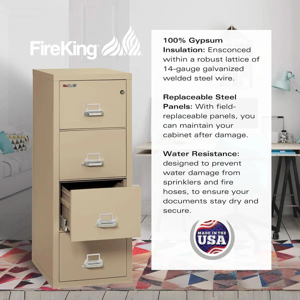 Vertical 4 Drawer Fire Rated File Cabinet Parchment Key Lock from PriceLows™