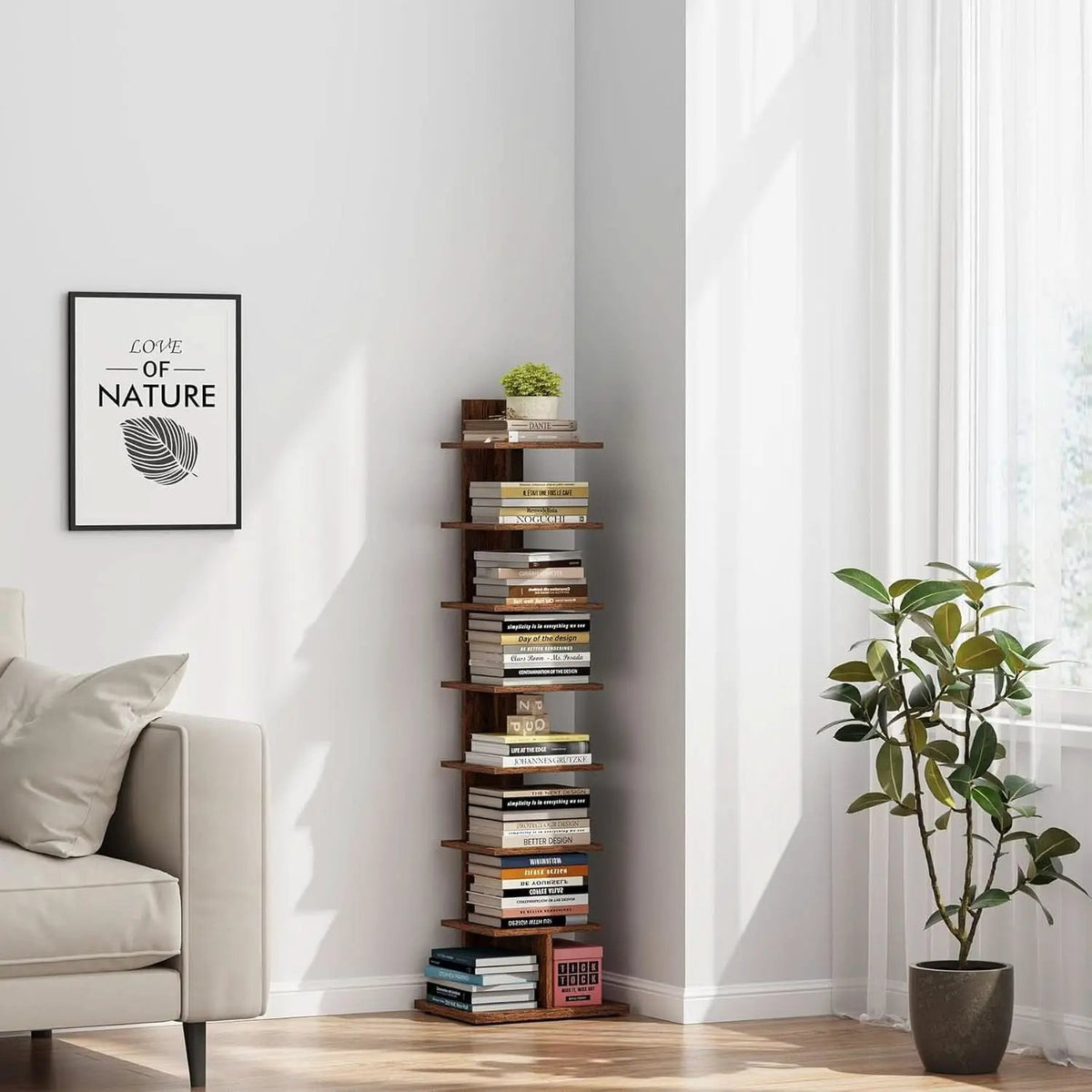 Vertical Bookshelf 8 Tier Rustic Brown Corner Shelf from PriceLows™