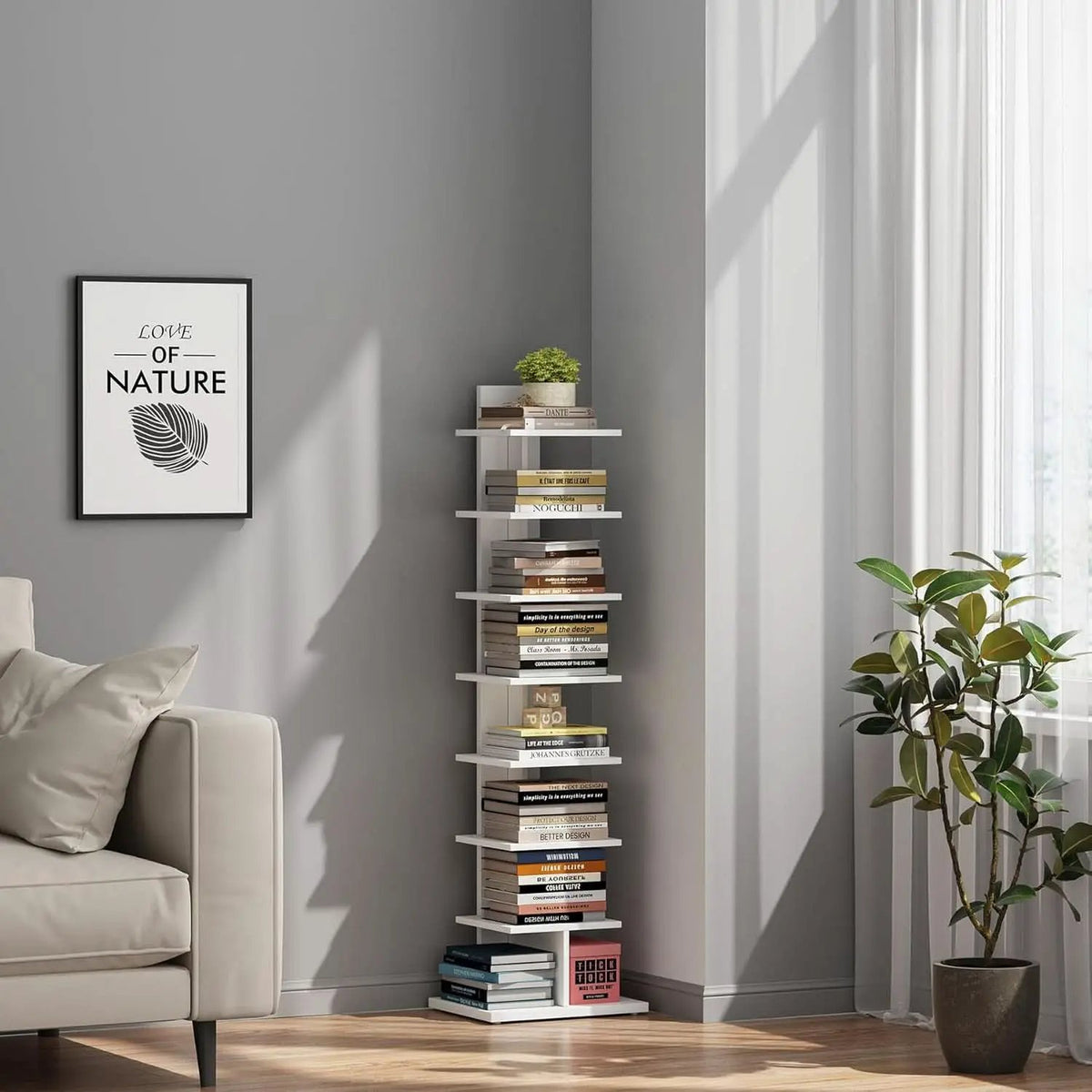 Vertical Bookshelf 8 Tier White Bookcase Living Room from PriceLows™