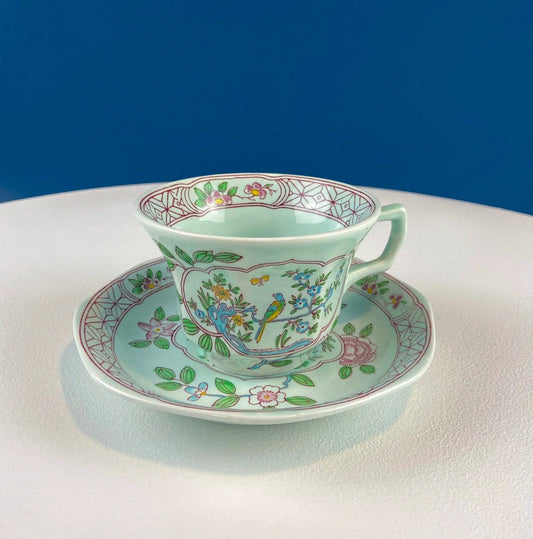 Vintage Blue Green Adams Calyx Ware Cup & Saucer | Singapore Bird Pattern | Real English Ironstone | Collectors & Hosts
