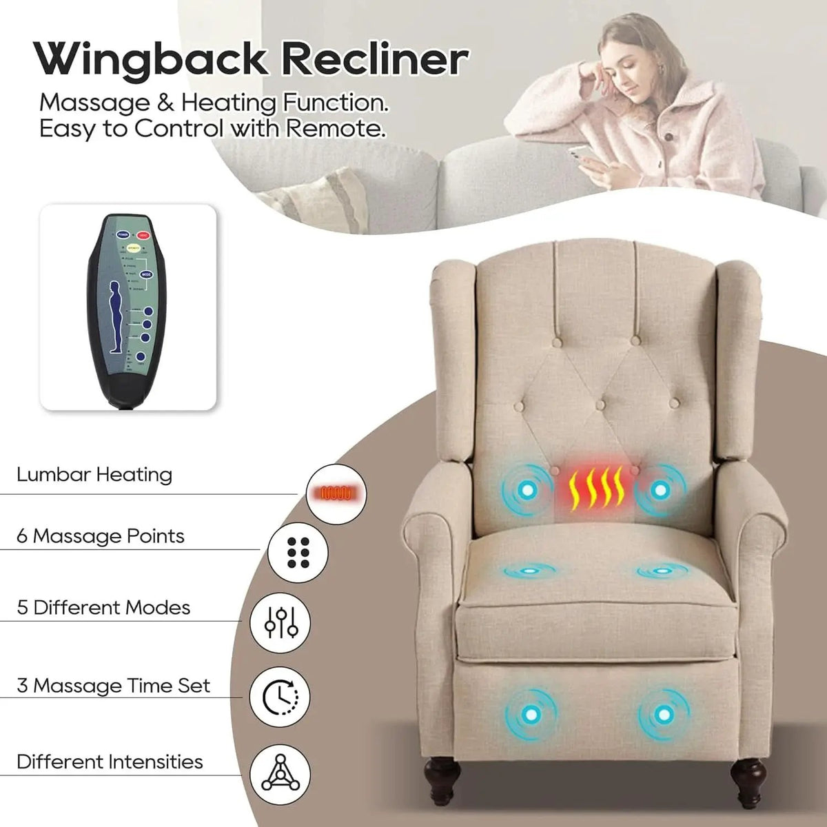 Vintage Wingback Recliner Chair With Massage And Heat from PriceLows™