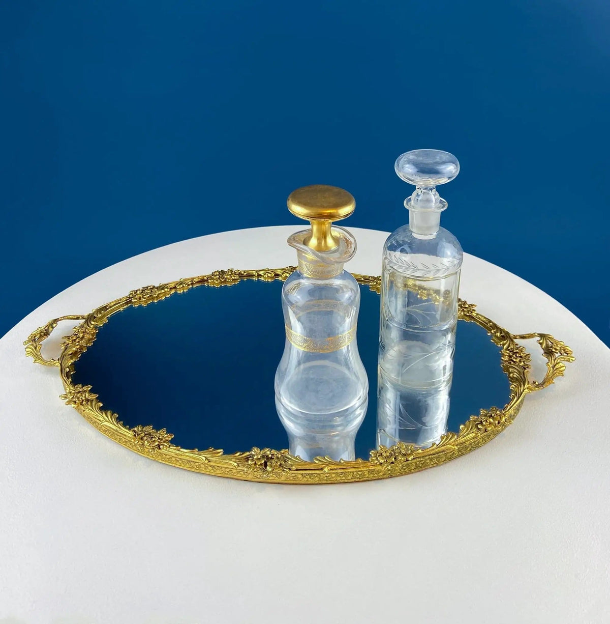Vintage Gold Dresser Vanity Mirrored Tray | Rich Gilded Metal Tea Rose Oval Frame | Chic Bedroom Bath Perfume Display | Collectors & Hosts