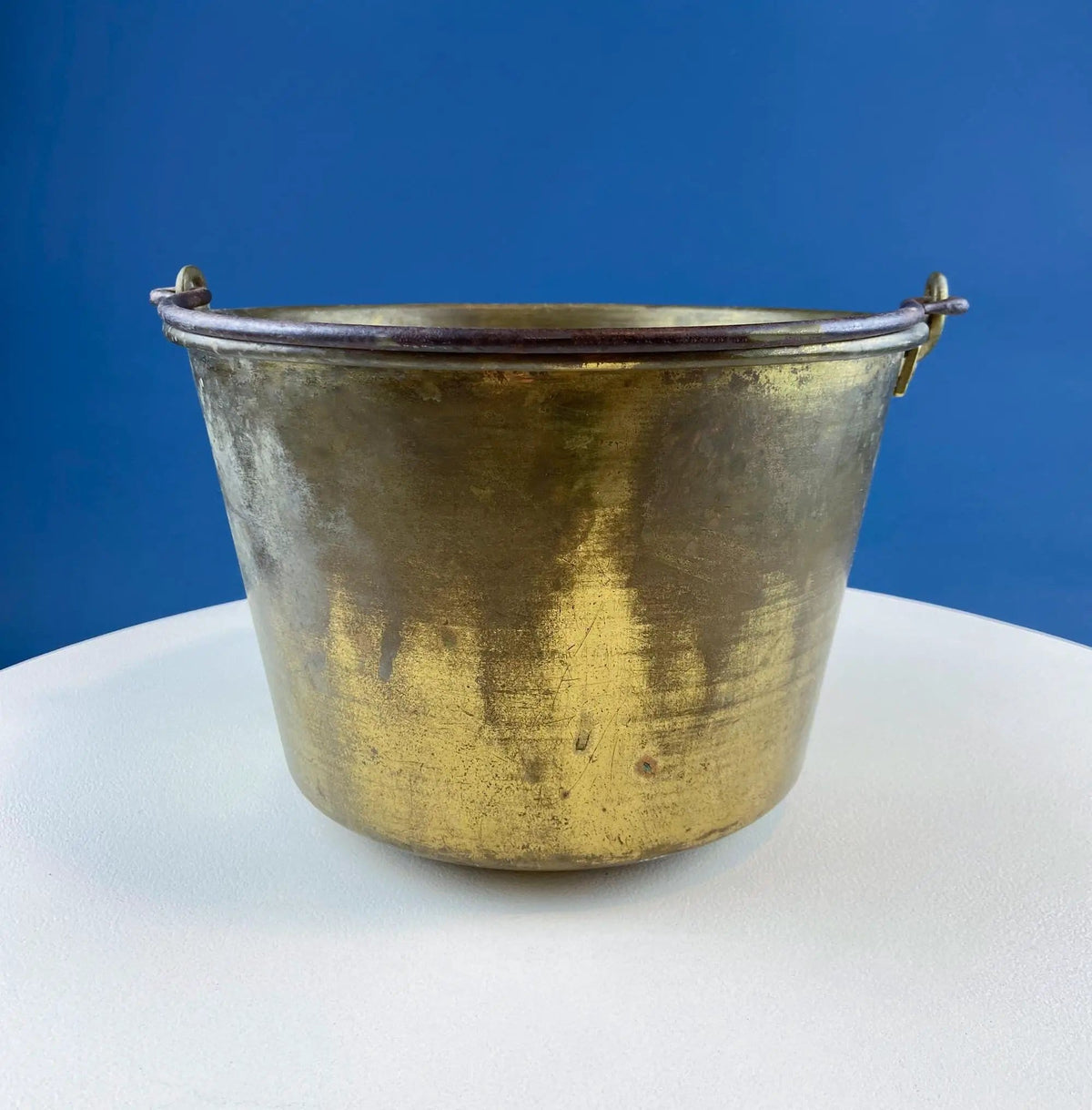Antique Hand-Hammered Brass Bucket with Wrought Iron Handle: Rustic Farmhouse Decor | Collectible Vintage | Pre-Owned Piece | Collectors & Hosts