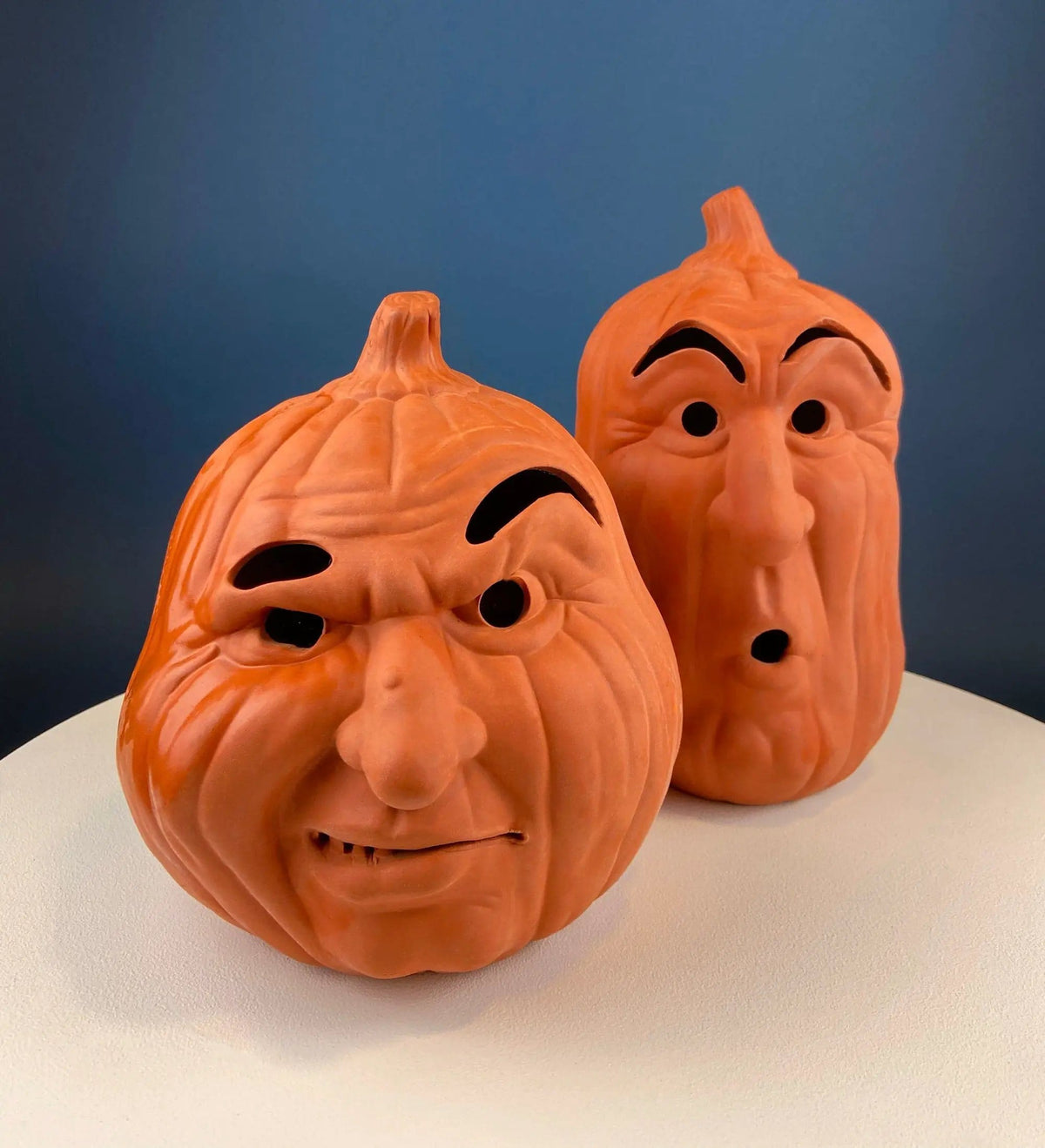 Set of Two Large Clay Pumpkins Making Scary Funny Faces | Candle or Light Kit | Halloween Thanksgiving Fall Decor | Collectors & Hosts