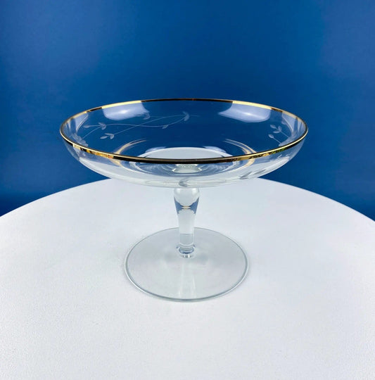 Vintage Etched Glass Compote with Gold Rim | Delicate Leaf Design | Footed Serving Dish for Candy, Cupcakes, Nuts, or Fruit | Collectors & Hosts