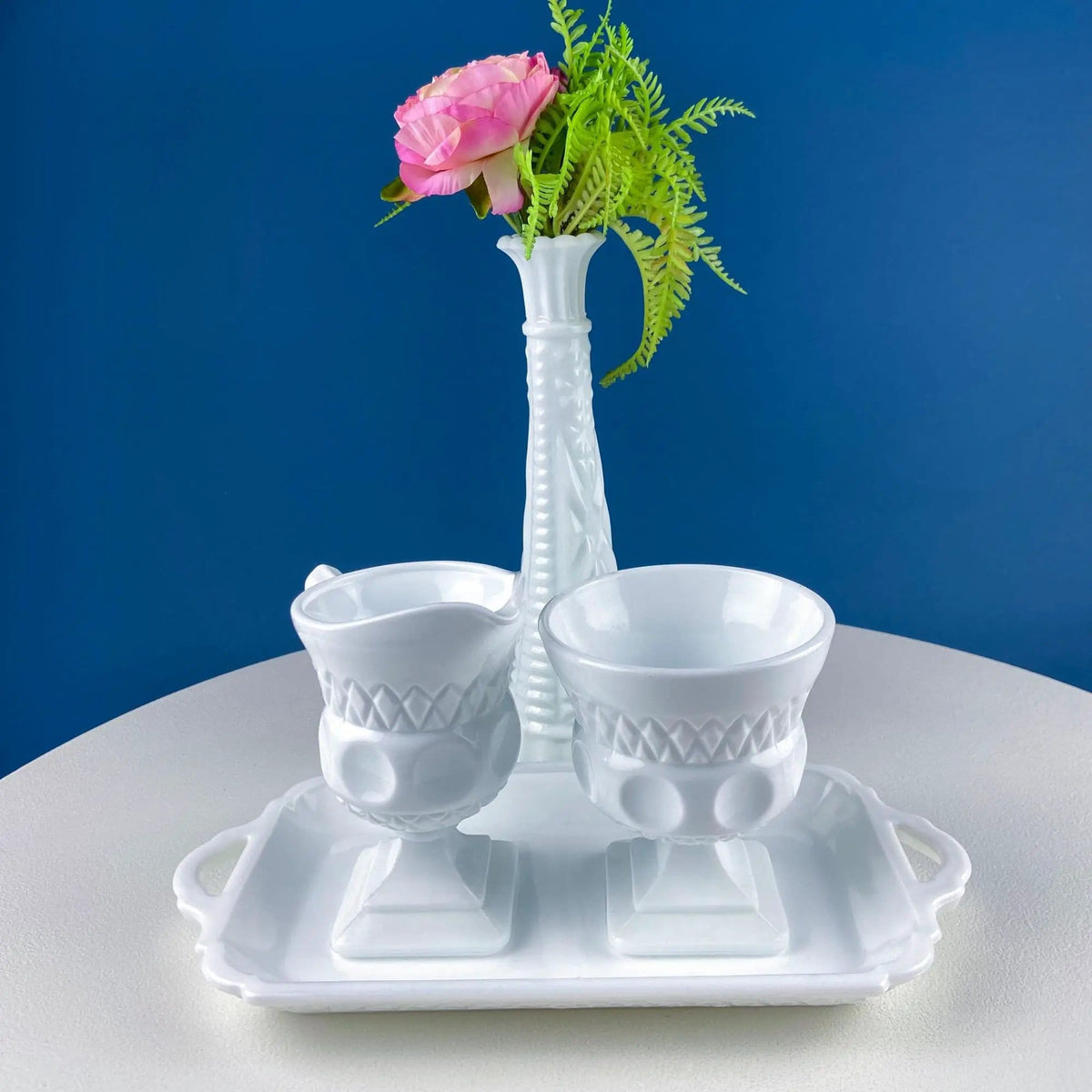 Vintage Fenton Milk Glass Sugar Bowl & Creamer on Matching Tray | White Thumb Print Serving Dishes | Collectible Glass | Collectors & Hosts