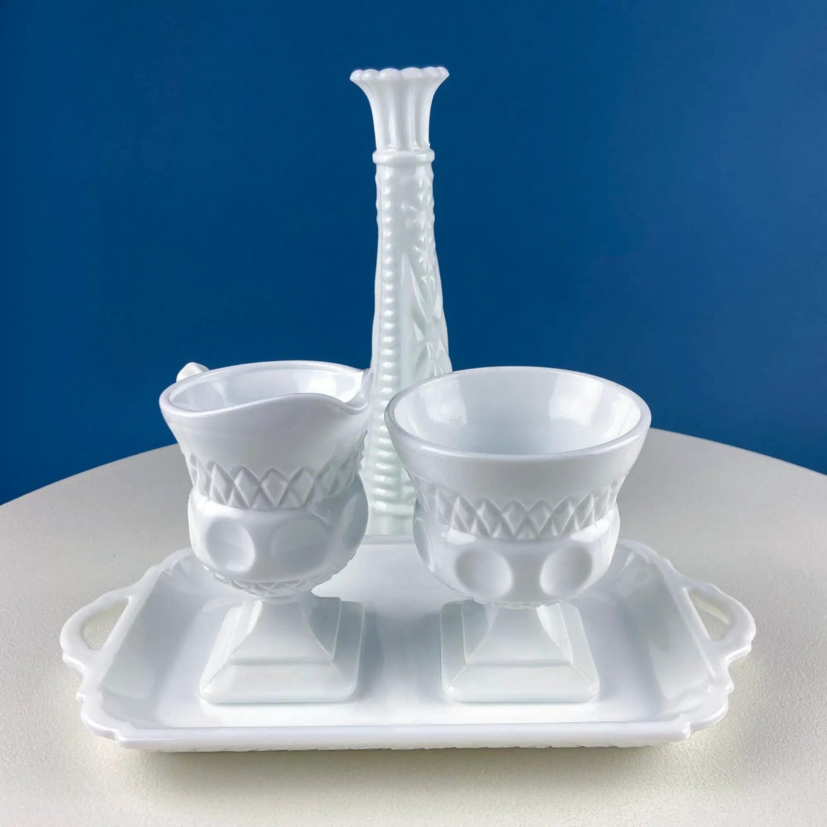Vintage Fenton Milk Glass Sugar Bowl & Creamer on Matching Tray | White Thumb Print Serving Dishes | Collectible Glass | Collectors & Hosts
