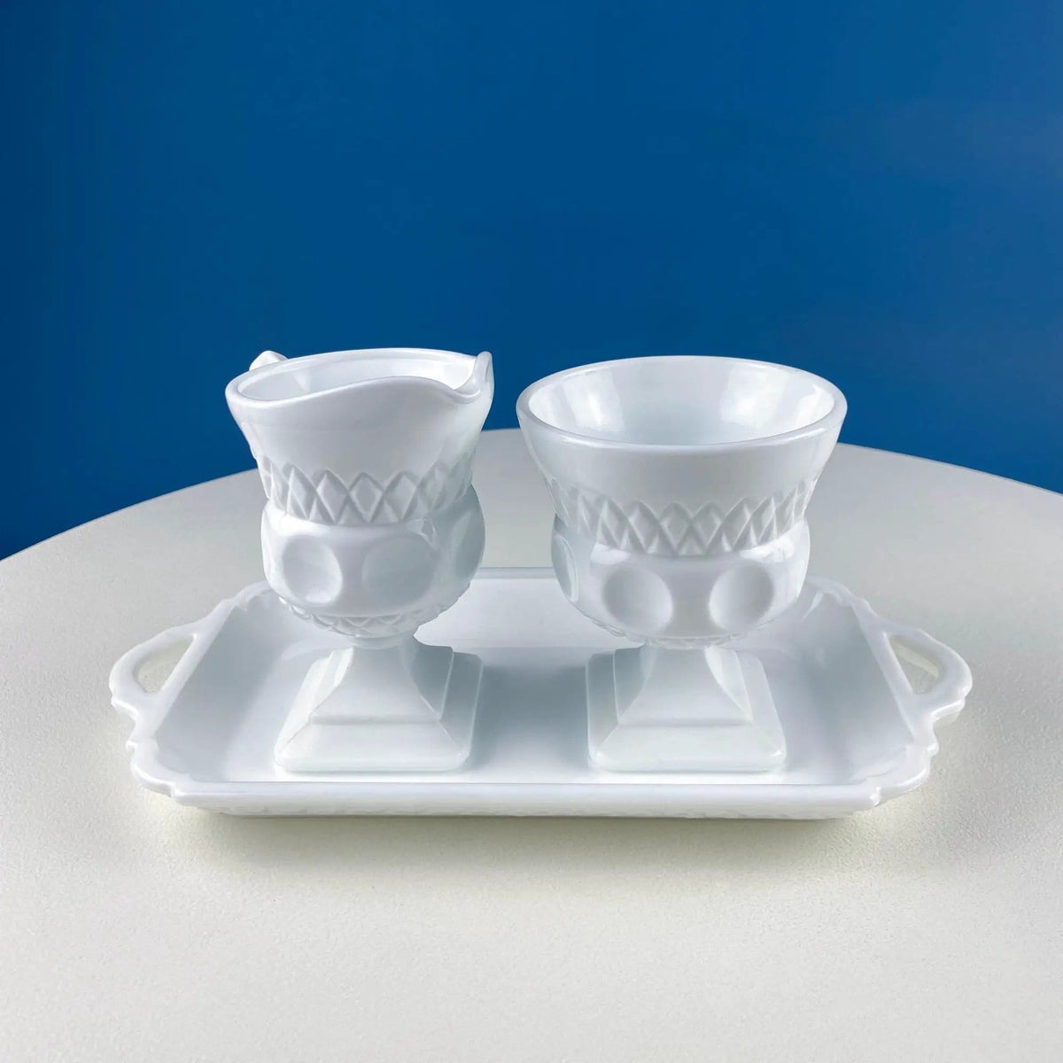 Vintage Fenton Milk Glass Sugar Bowl & Creamer on Matching Tray | White Thumb Print Serving Dishes | Collectible Glass | Collectors & Hosts