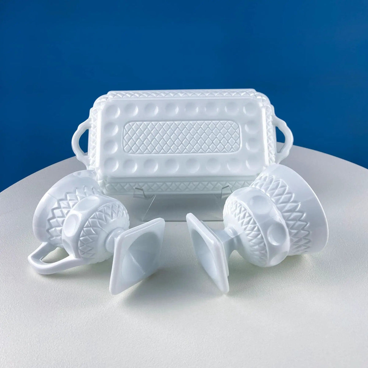 Vintage Fenton Milk Glass Sugar Bowl & Creamer on Matching Tray | White Thumb Print Serving Dishes | Collectible Glass | Collectors & Hosts