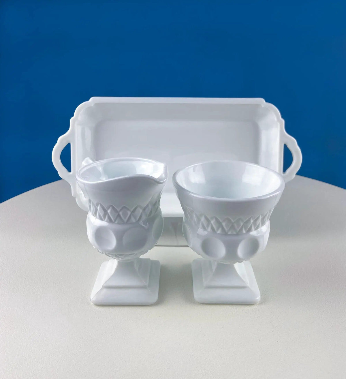 Vintage Fenton Milk Glass Sugar Bowl & Creamer on Matching Tray | White Thumb Print Serving Dishes | Collectible Glass | Collectors & Hosts