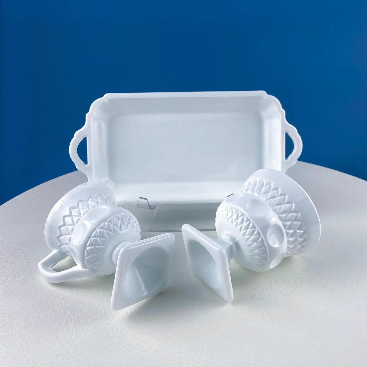 Vintage Fenton Milk Glass Sugar Bowl & Creamer on Matching Tray | White Thumb Print Serving Dishes | Collectible Glass | Collectors & Hosts