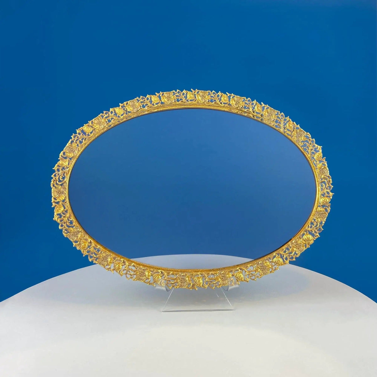 Vintage Large Gold Dresser Vanity Mirror Tray | Rich Gilded Metal Tea Rose Oval Frame | Chic Bedroom Bath Perfume Display | Collectors & Hosts