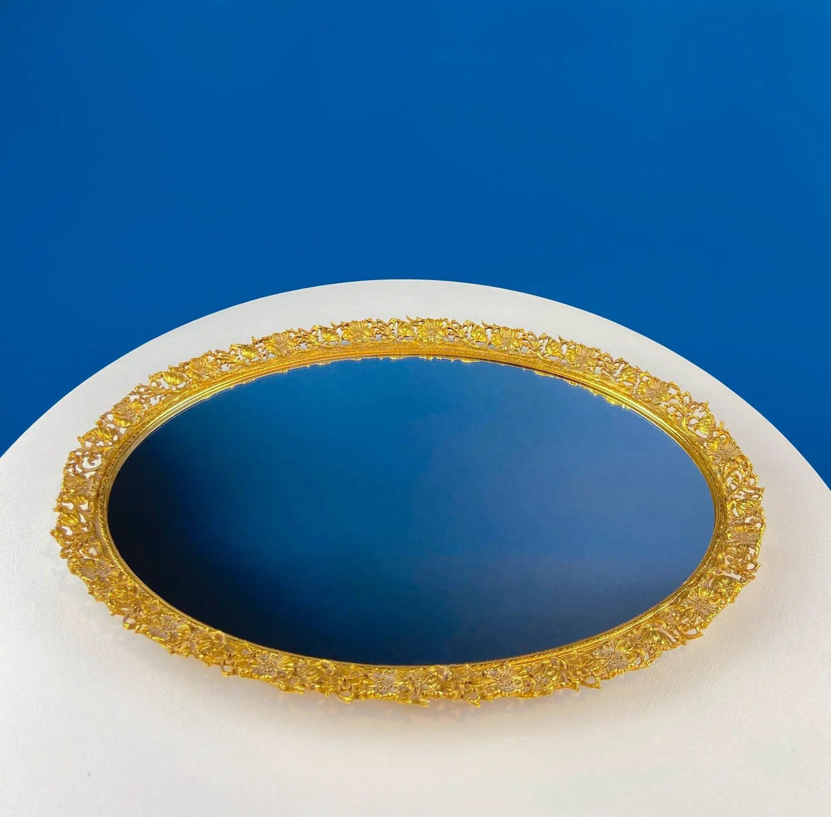 Vintage Large Gold Dresser Vanity Mirror Tray | Rich Gilded Metal Tea Rose Oval Frame | Chic Bedroom Bath Perfume Display | Collectors & Hosts