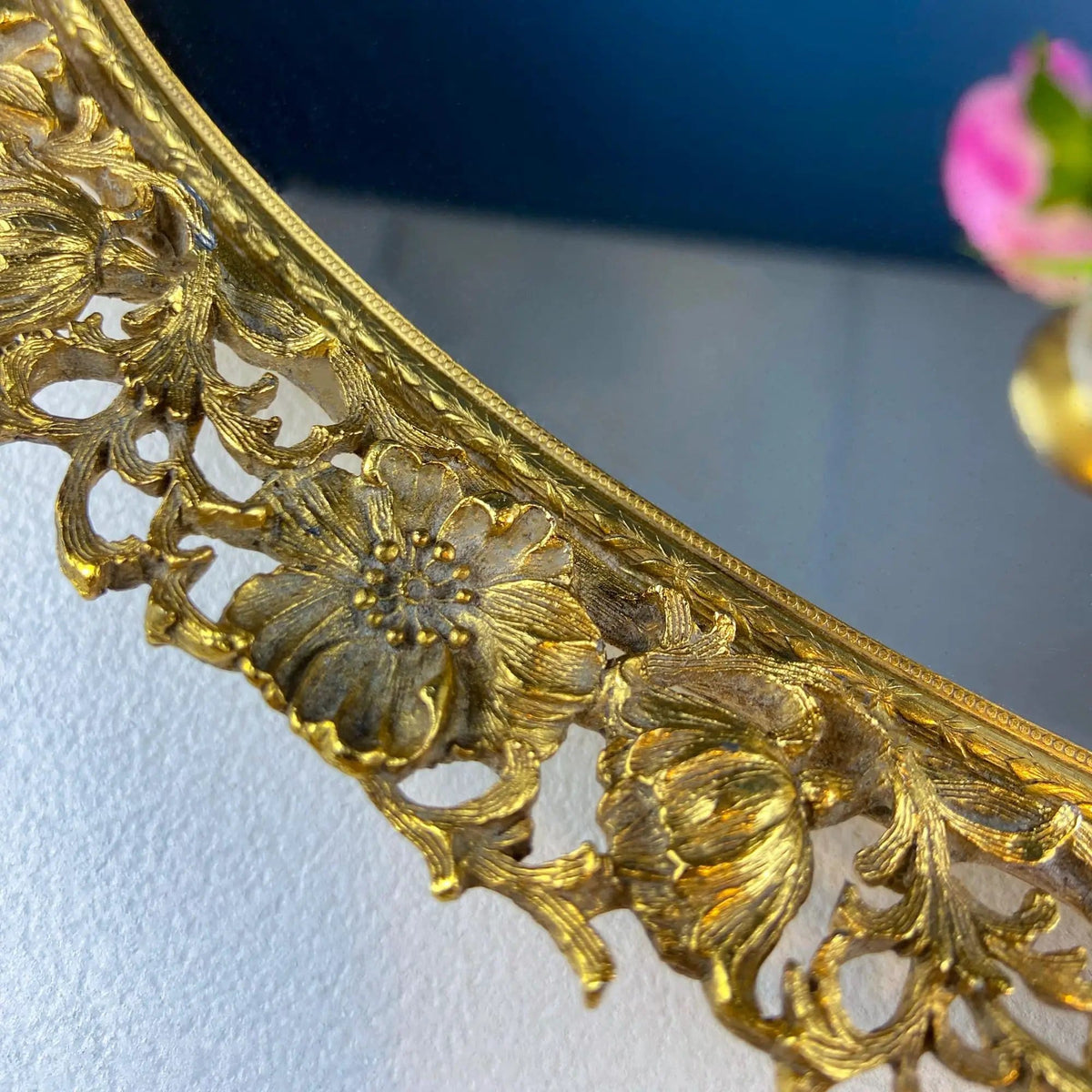 Vintage Large Gold Dresser Vanity Mirror Tray | Rich Gilded Metal Tea Rose Oval Frame | Chic Bedroom Bath Perfume Display | Collectors & Hosts