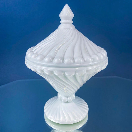 Vintage Milk Glass Set of Bowls with Lid | Swirl Motif | White Dishes for Bath Accessories, Bedroom Jewelry Storage, Candy | Gift for Him Her