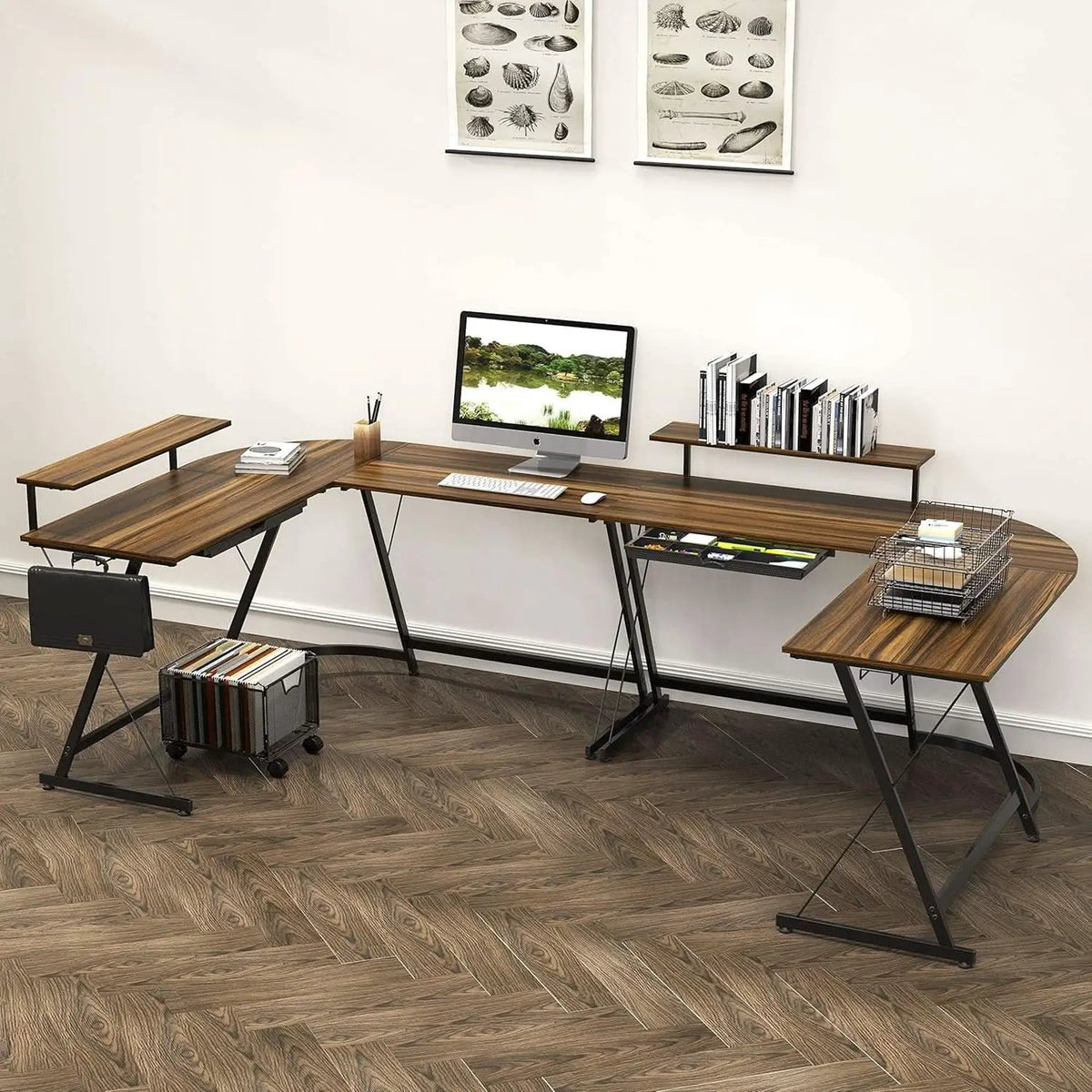 Vista L Shape Desk With Monitor Stand Walnut Finish from PriceLows™