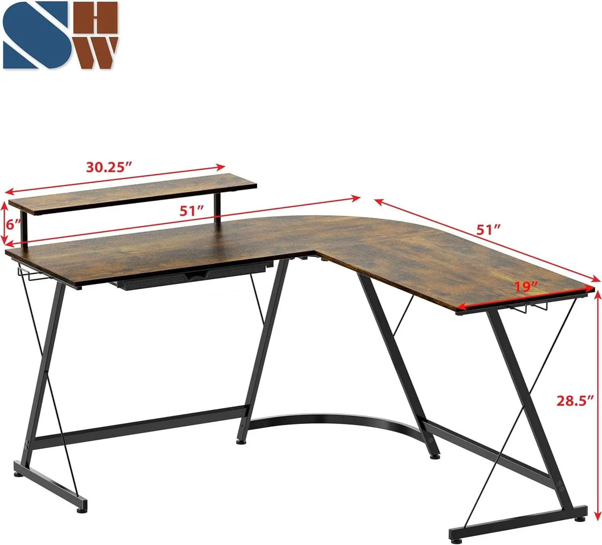 Vista Rustic Brown L Shaped Desk With Monitor Stand from PriceLows™