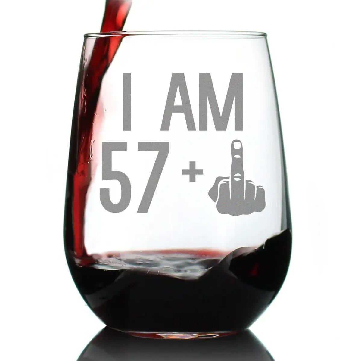 Etched Stemless Wine Glass | 17 oz | Dishwasher Safe | 57 + 1 Middle Finger - 58th Birthday