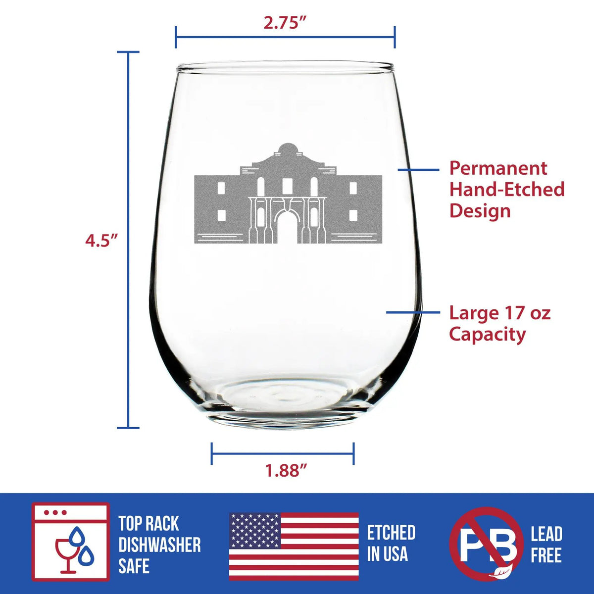 Stemless Wine Glass | 17 Oz Capacity | Hand Etched Alamo Design