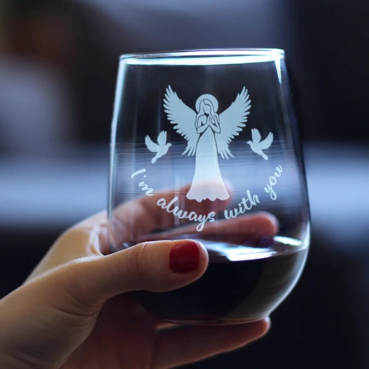 Etched Stemless Wine Glass | 17 oz | Dishwasher Safe | Always With You - Angel