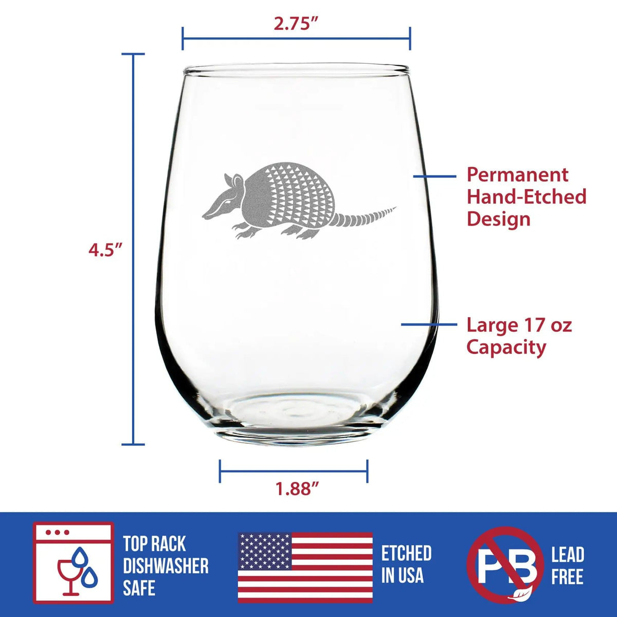 Etched Stemless Wine Glass | 17 oz | Dishwasher Safe | Armadillo Engraved