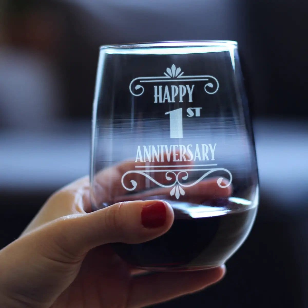 Etched Stemless Wine Glass | 17 oz | Dishwasher Safe | Happy 1st Anniversary Engraved