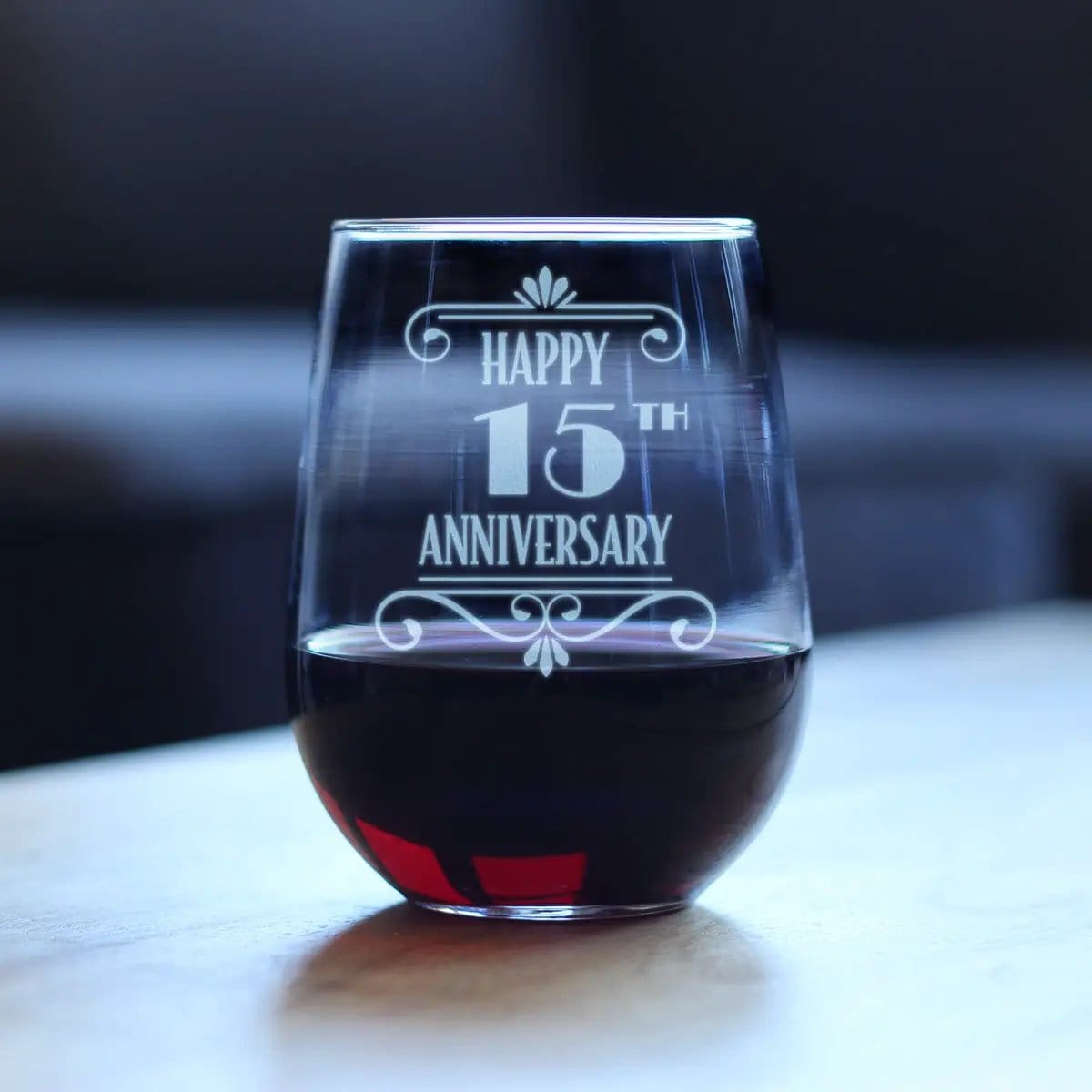 Etched Stemless Wine Glass | 17 oz | Dishwasher Safe | Happy 15th Anniversary Engraved