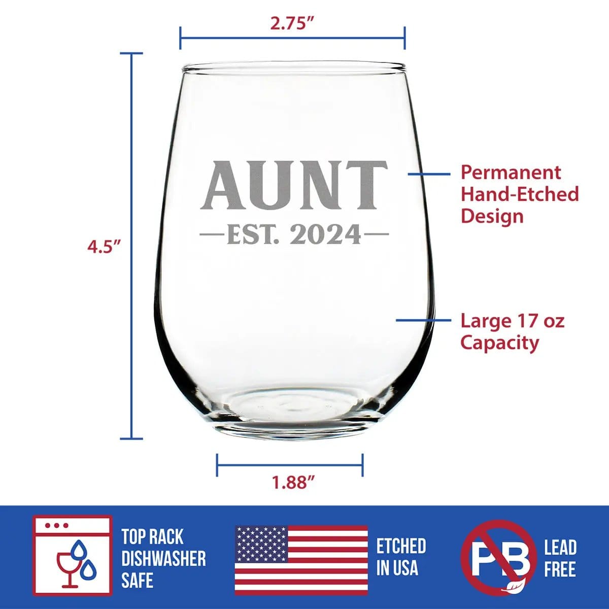 Etched Stemless Wine Glass | 17 oz | Dishwasher Safe | Aunt Est 2024 - New Aunties