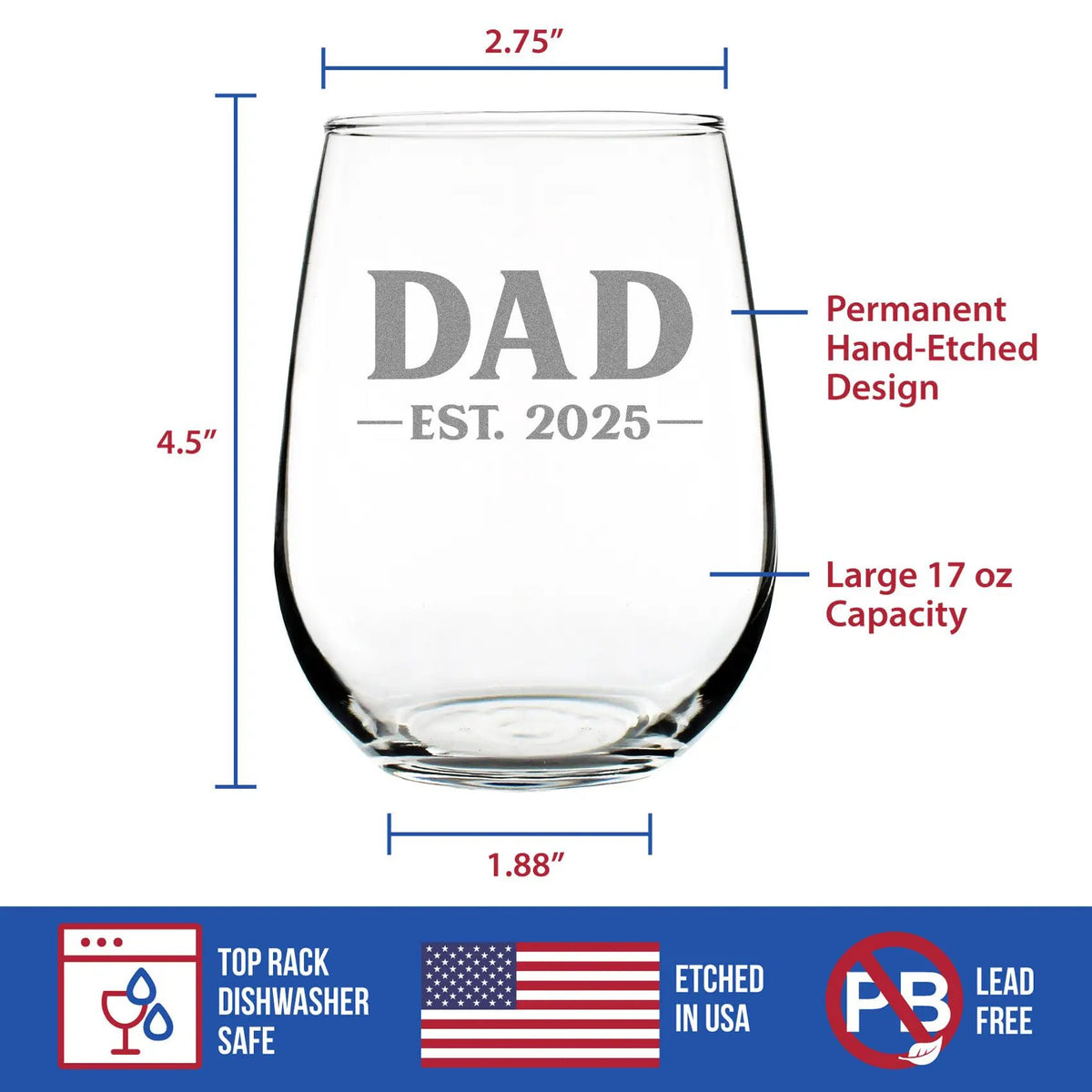 Stemless Wine Glass | 17 Oz Capacity | Hand Etched Lettering | Large