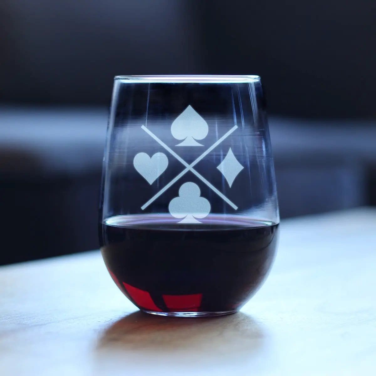 Etched Stemless Wine Glass | 17 oz | Dishwasher Safe | Card Suits Engraved
