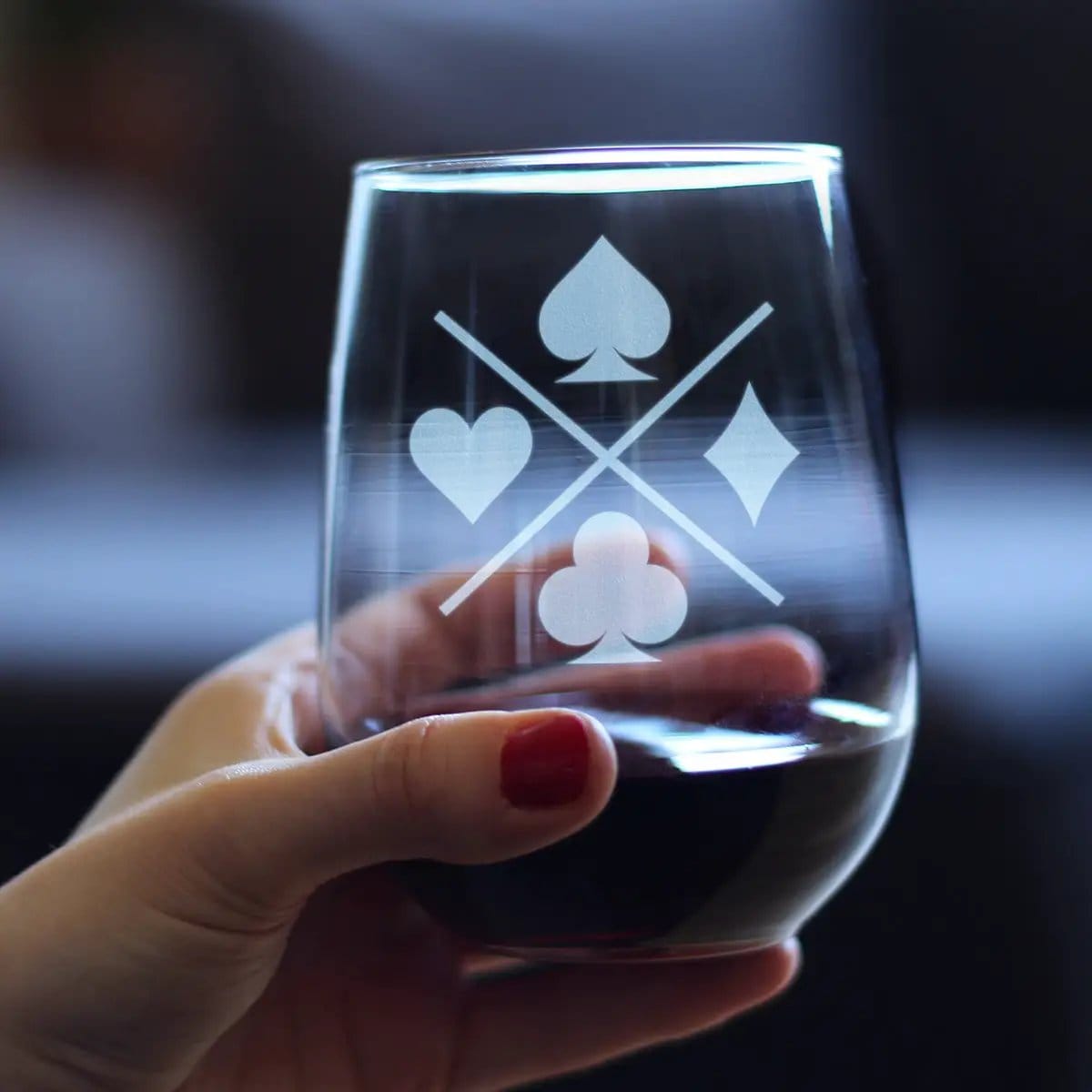 Etched Stemless Wine Glass | 17 oz | Dishwasher Safe | Card Suits Engraved