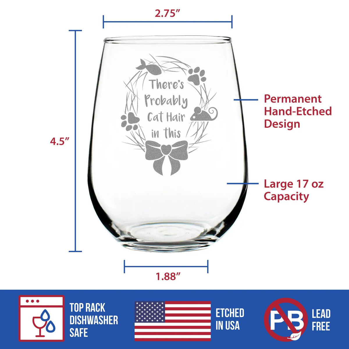 Stemless Wine Glass | 17 Ounce | Hand Etched | Cat Design