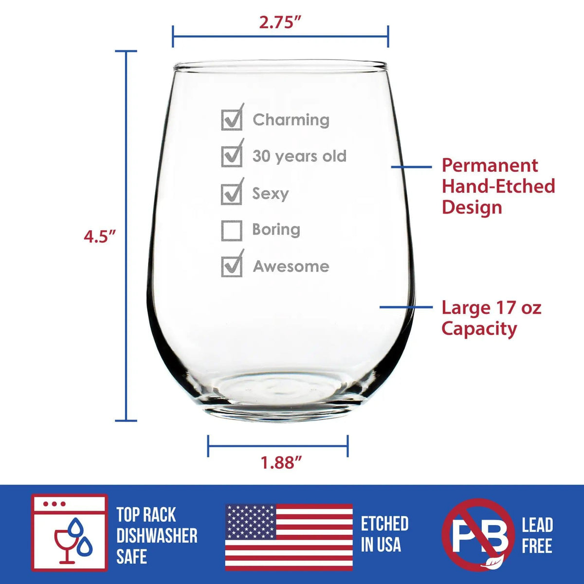 Etched Stemless Wine Glass | 17 oz | Dishwasher Safe | 30th Birthday Checklist