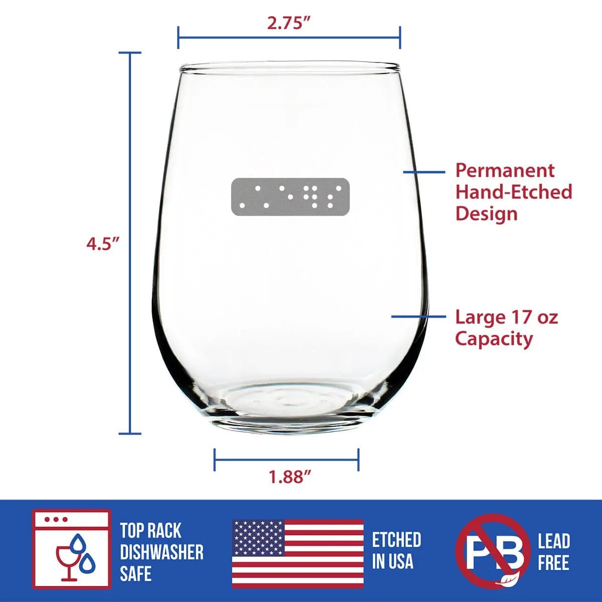 Etched Stemless Wine Glass | 17 oz | Dishwasher Safe | Braille Cheers