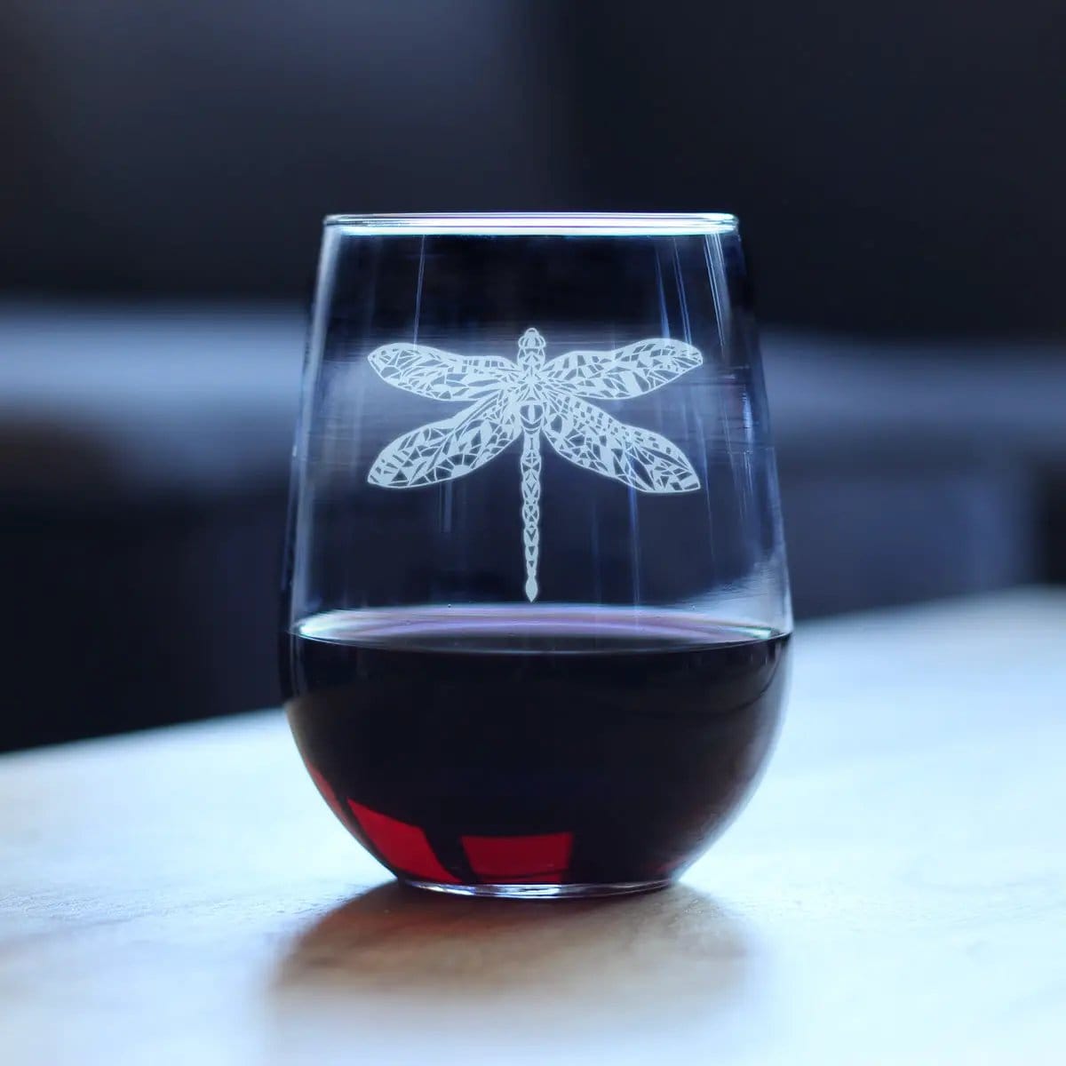 Etched Stemless Wine Glass | 17 oz | Dishwasher Safe | Dragonfly