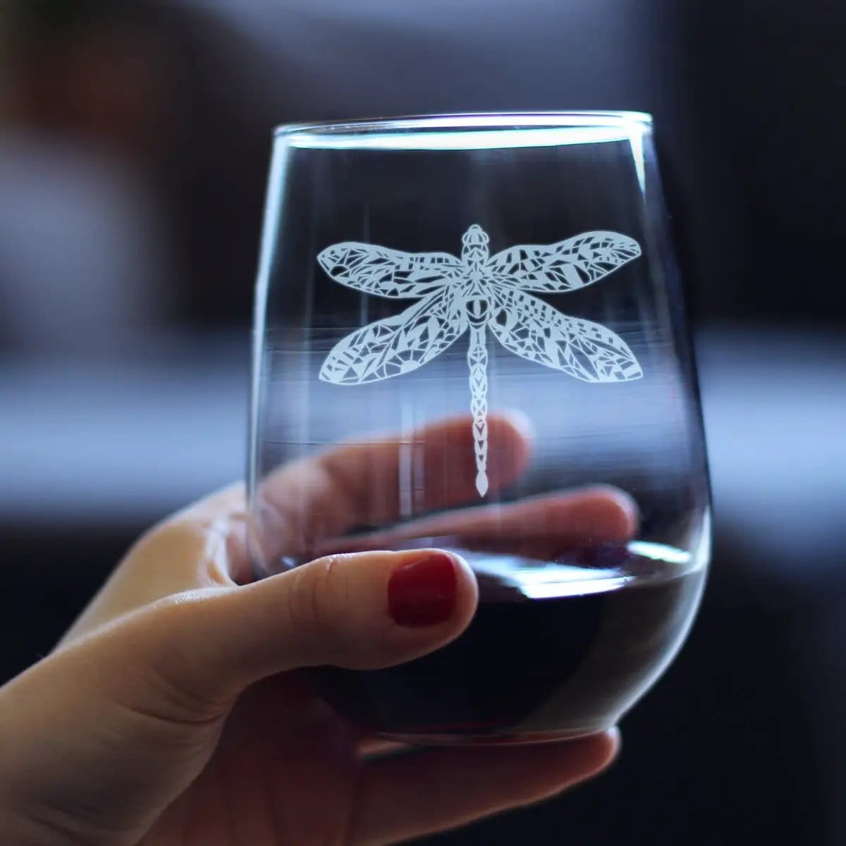 Etched Stemless Wine Glass | 17 oz | Dishwasher Safe | Dragonfly
