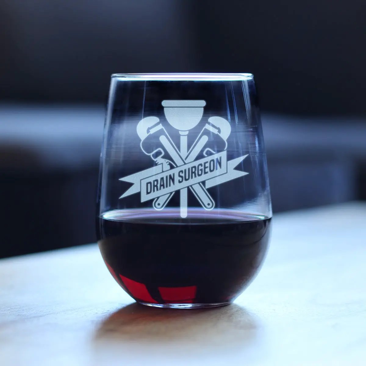 Stemless Wine Glass | 17 Oz Capacity | Hand Etched Text | Drain Surgeon