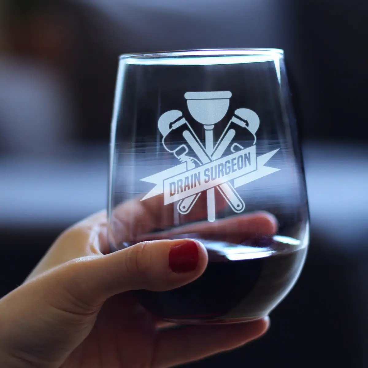 Stemless Wine Glass | 17 Oz Capacity | Hand Etched Text | Drain Surgeon
