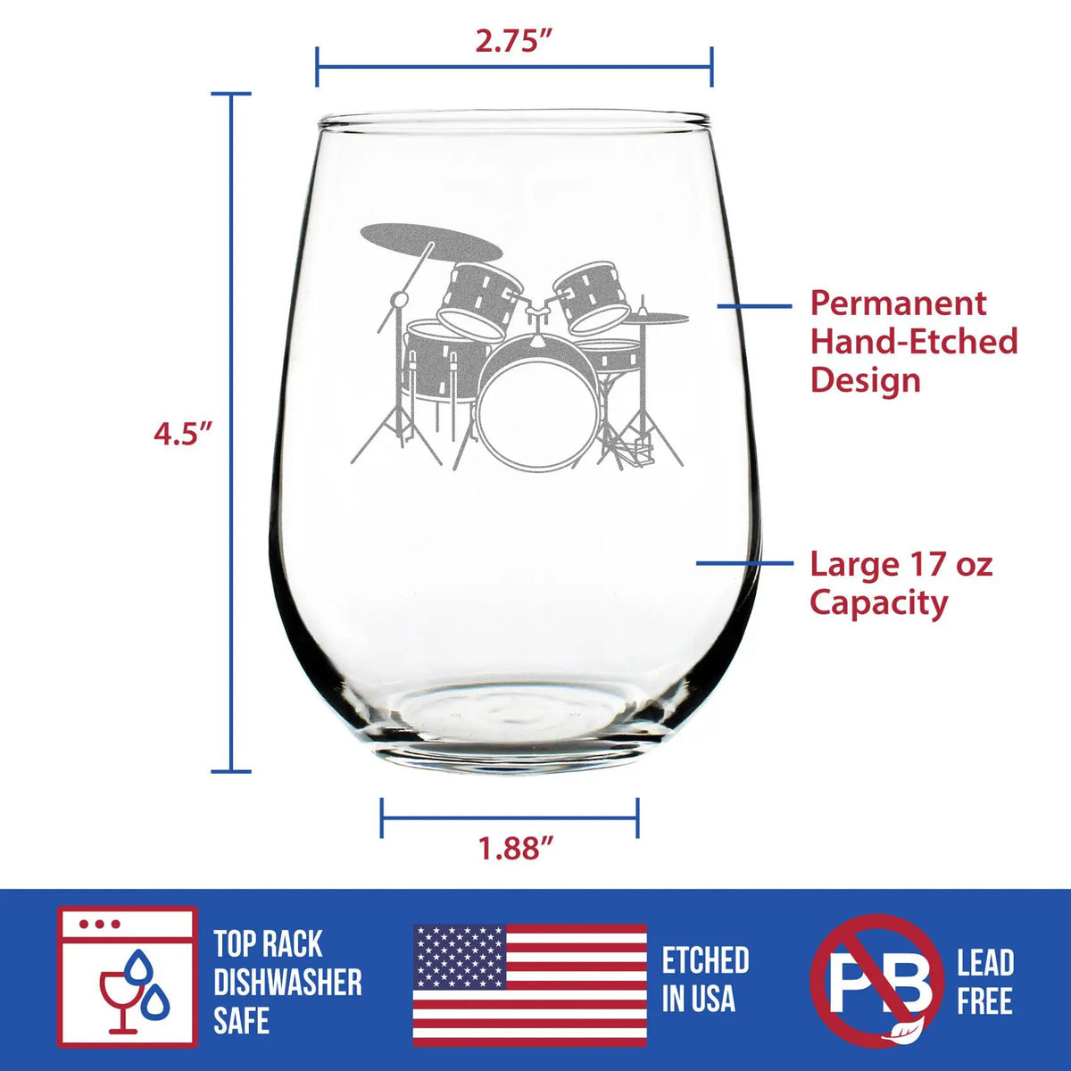 Stemless Wine Glass | 17 Oz | Permanent Drum Etching