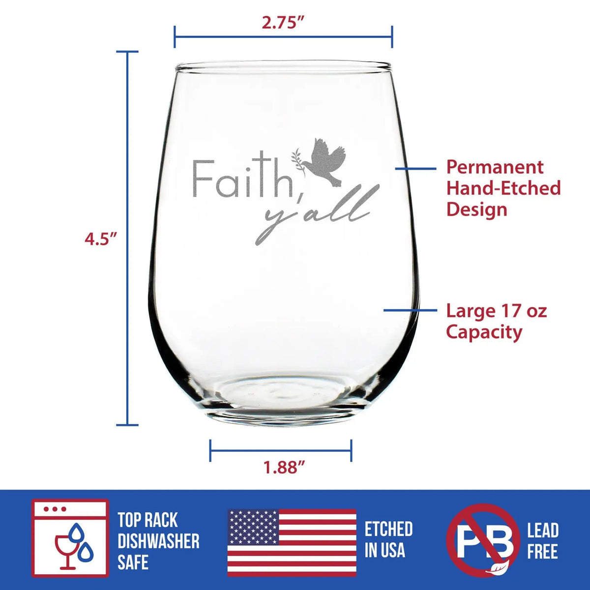 Etched Stemless Wine Glass | 17 oz | Dishwasher Safe | Faith Y'all Engraved