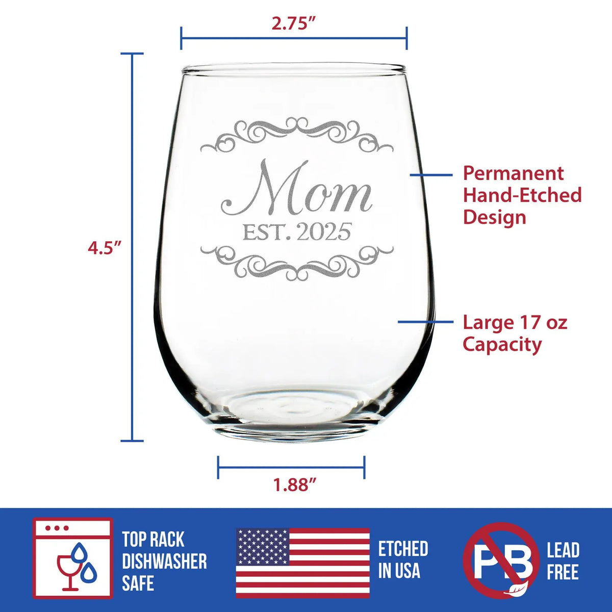 Stemless Wine Glass | 17 Ounce | Hand Etched | Dishwasher Safe