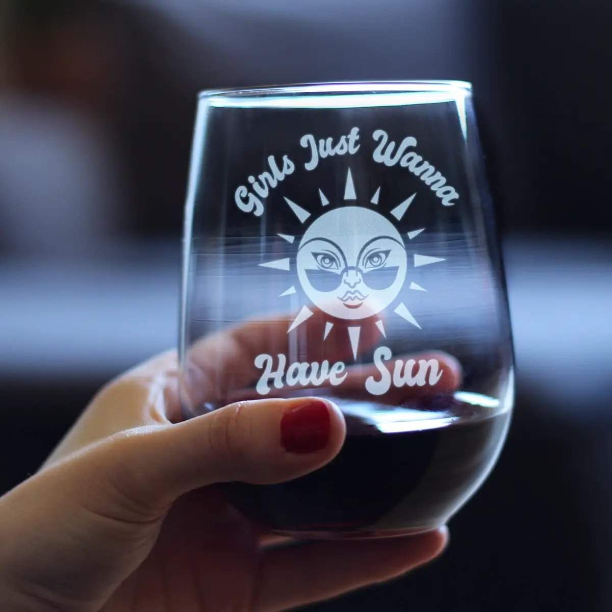 Stemless Wine Glass | 17 Oz Capacity | Hand Etched Design | Beach Theme