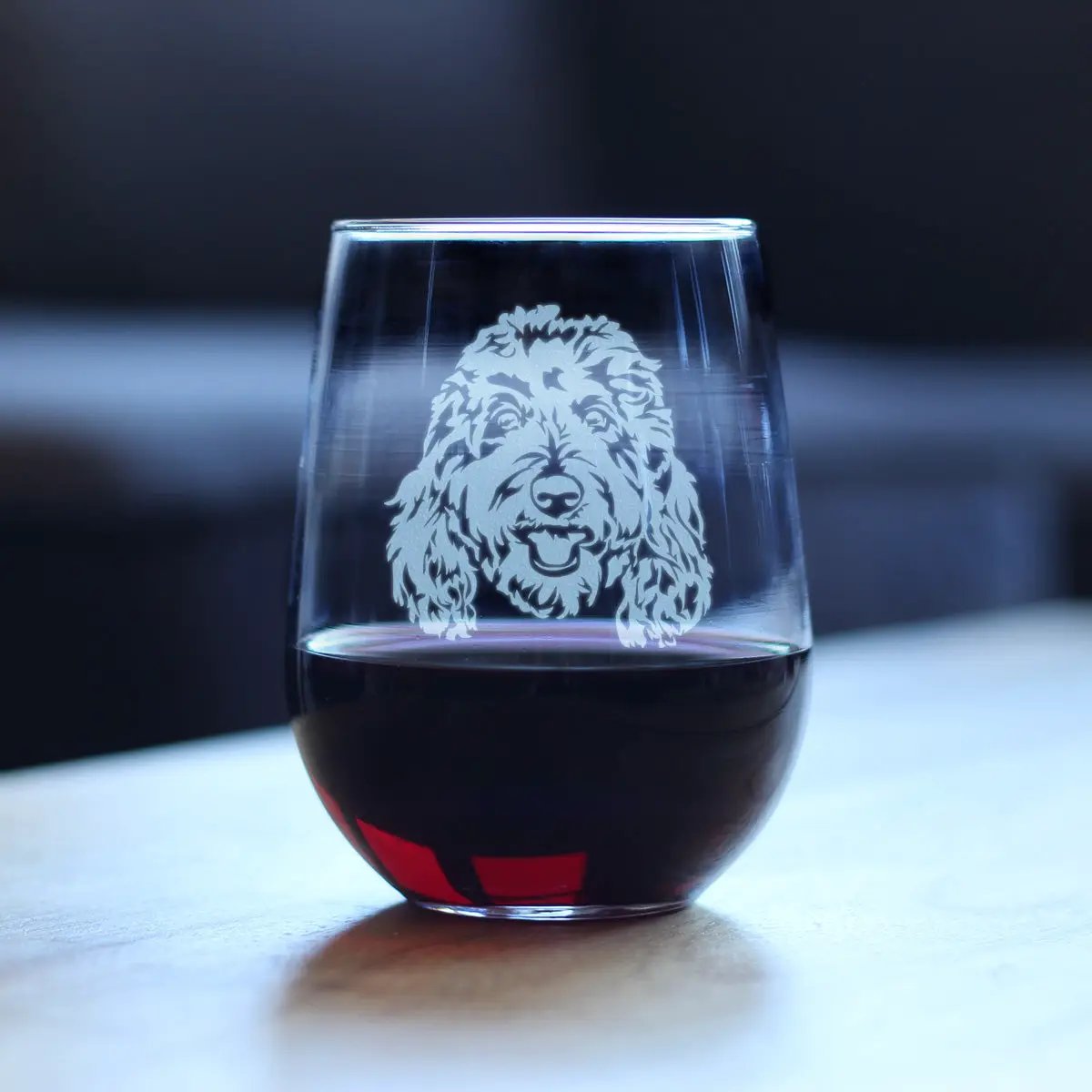 Stemless Wine Glass | Etched Goldendoodle Face | Clear Glass | 17 Oz