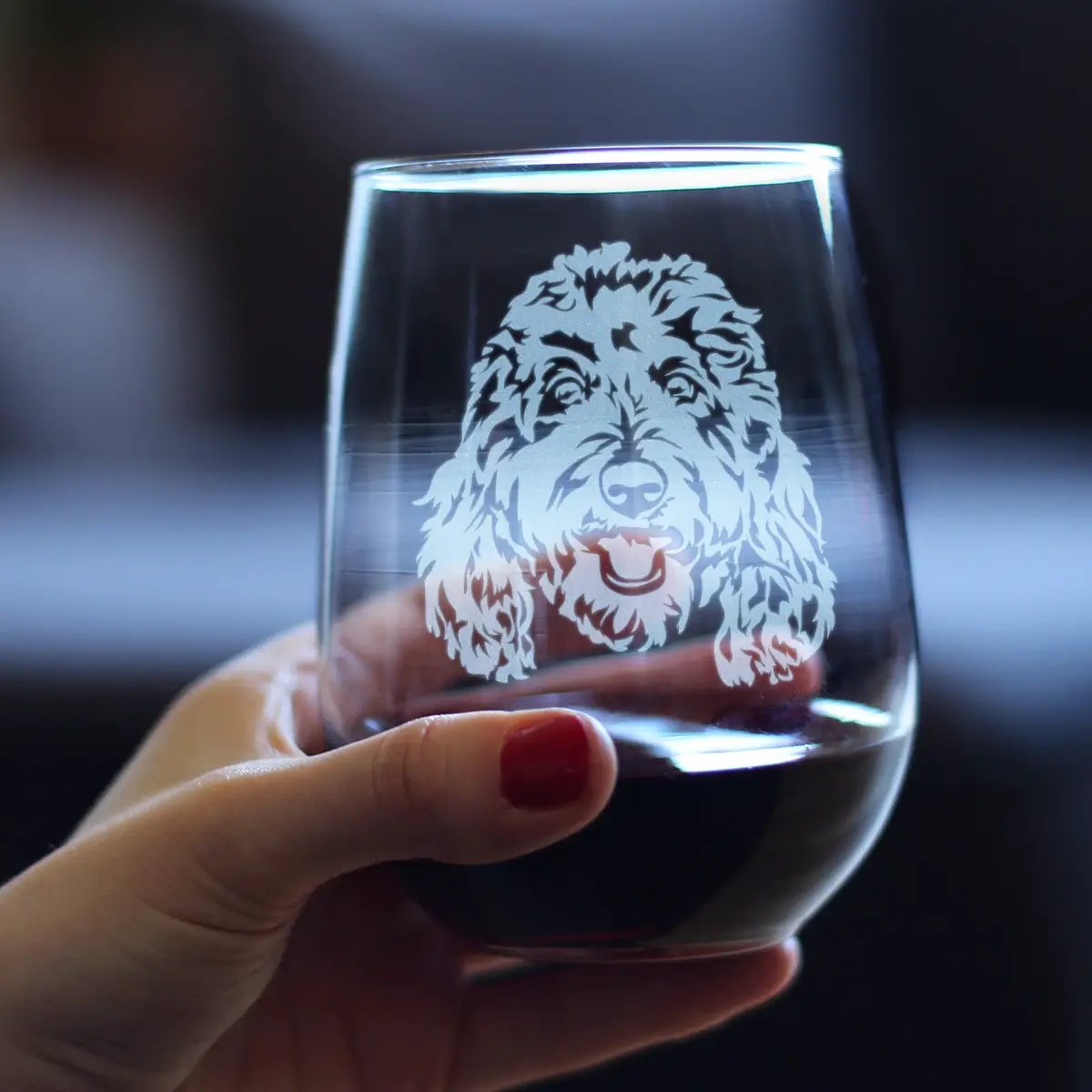 Stemless Wine Glass | Etched Goldendoodle Face | Clear Glass | 17 Oz
