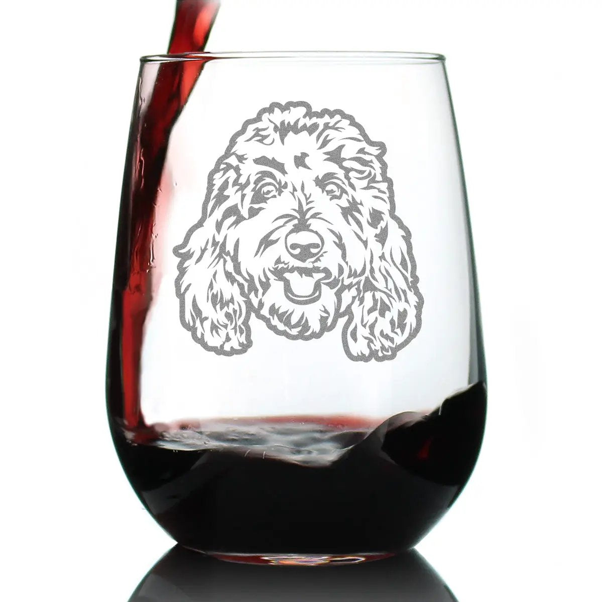 Stemless Wine Glass | Etched Goldendoodle Face | Clear Glass | 17 Oz