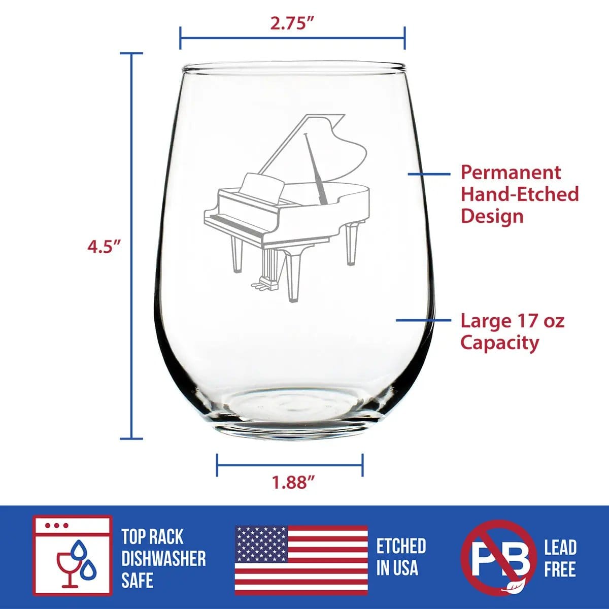 Etched Stemless Wine Glass | 17 oz | Dishwasher Safe | Grand Piano