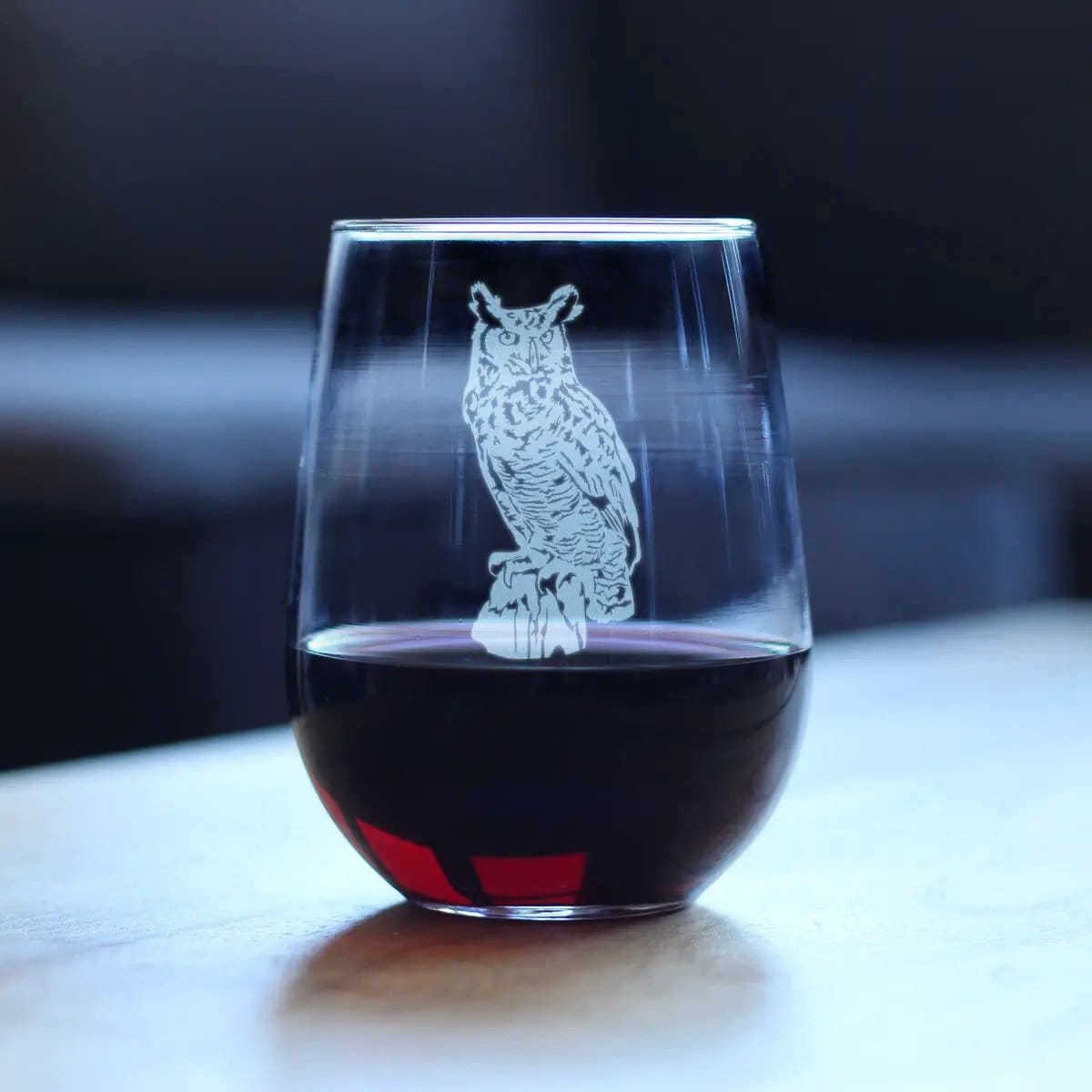 Etched Stemless Wine Glass | 17 oz | Dishwasher Safe | Great Horned Owl Engraved