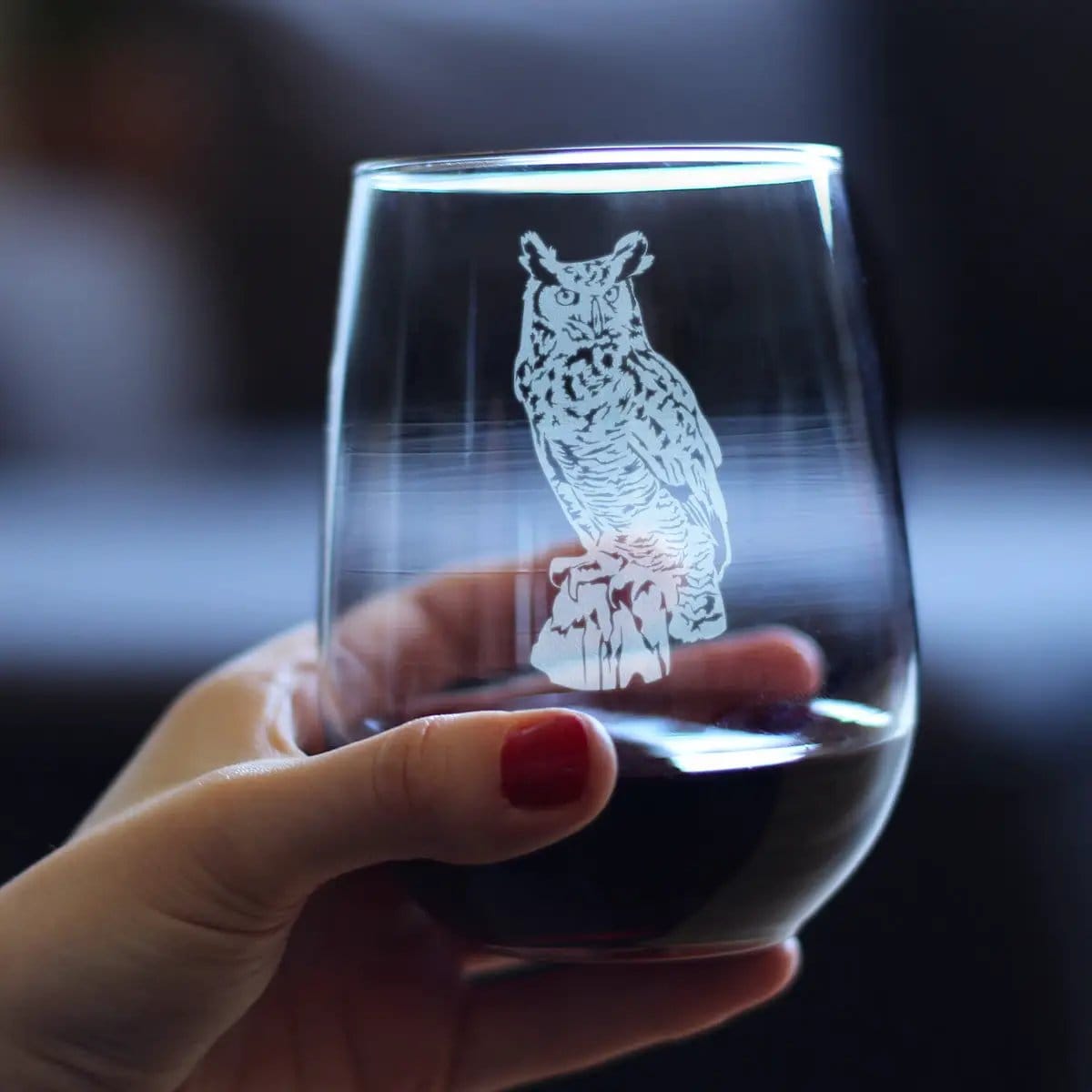 Etched Stemless Wine Glass | 17 oz | Dishwasher Safe | Great Horned Owl Engraved