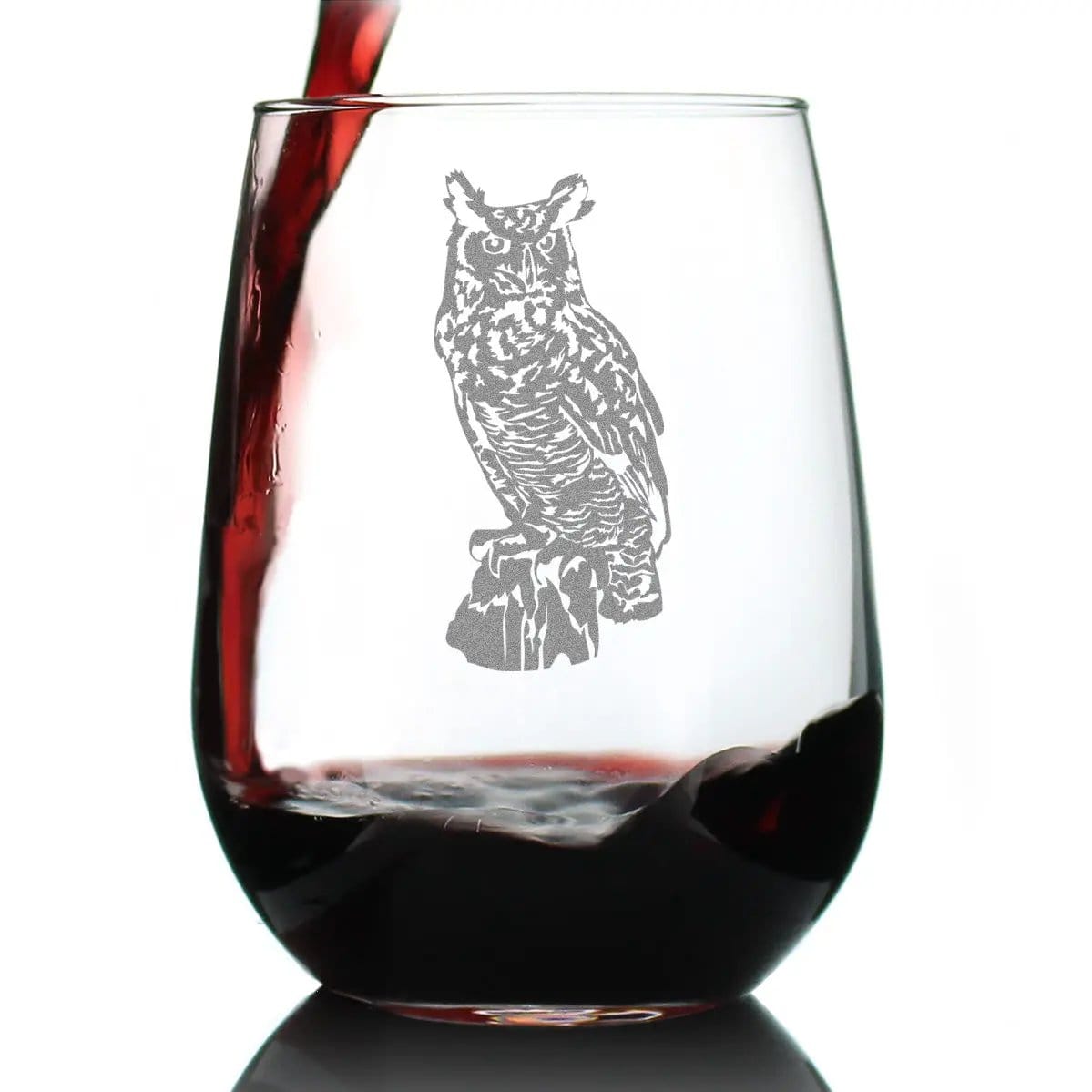 Etched Stemless Wine Glass | 17 oz | Dishwasher Safe | Great Horned Owl Engraved